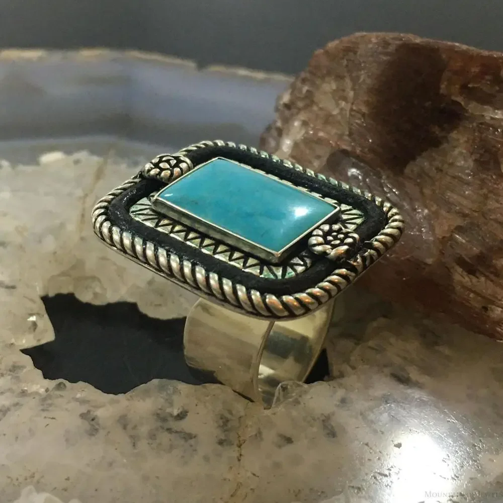 Carolyn Pollack Sterling Rectangle Turquoise Decorated Ring Size 8 For Women